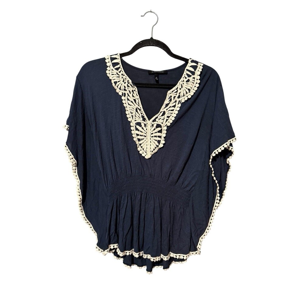 Logix Boho Blouse M Navy Crochet Lace V Neck Poncho Flowy Rayon